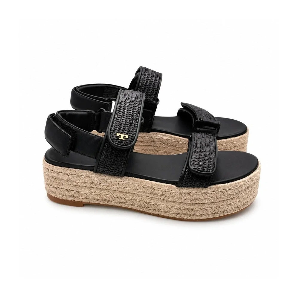 Tory Burch Sport Platform Espadrille Sandals 6.5 Black Raffia Woven Leather